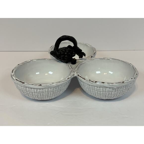 Mud Pie Triple Section Ceramic Basket Weave Serving Bowl with Grape Handle - Picture 4 of 9